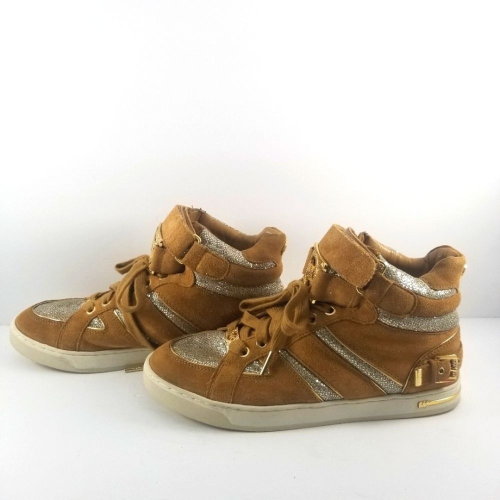 Michael Kors Womens Tan Suede Silver Glitter High Top Hidden Wedge Sneakers - Picture 4 of 6